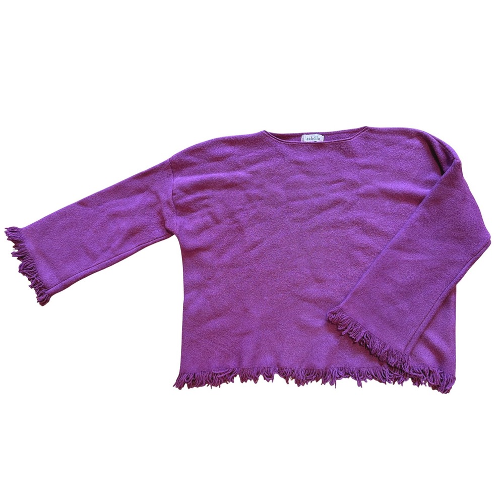 Liabella Purple Fringe Trim Chunky Knit Sweater Made in Italy Boat Neck Pullover